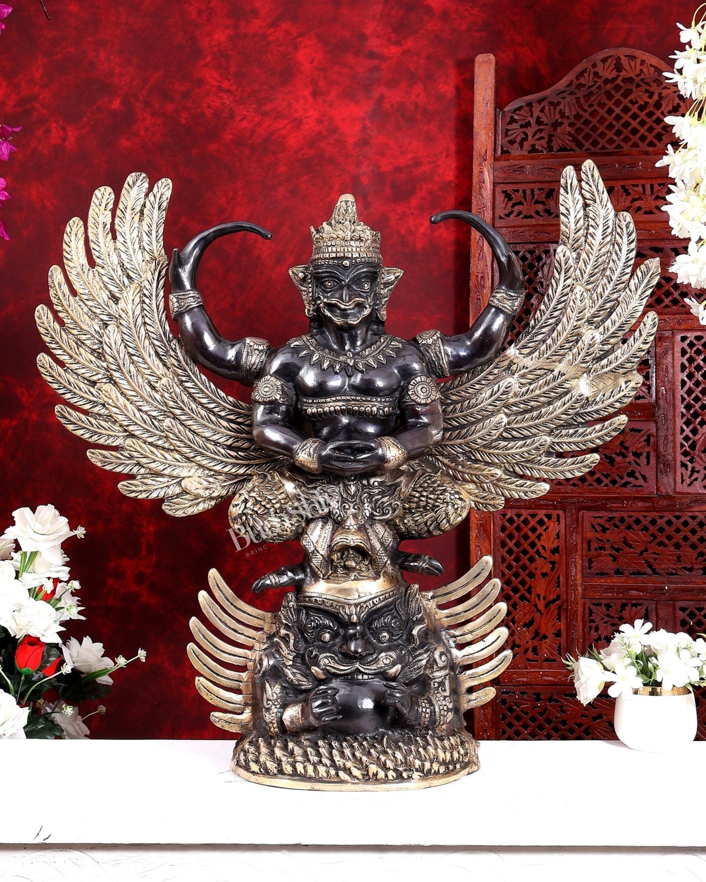 Brass Large Thai Garuda with Kirtimukha on Base | Black & Gold Auspicious Statue 31 inch - Budhshiv.com