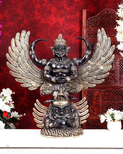 Brass Large Thai Garuda with Kirtimukha on Base | Black & Gold Auspicious Statue 31 inch - Budhshiv.com