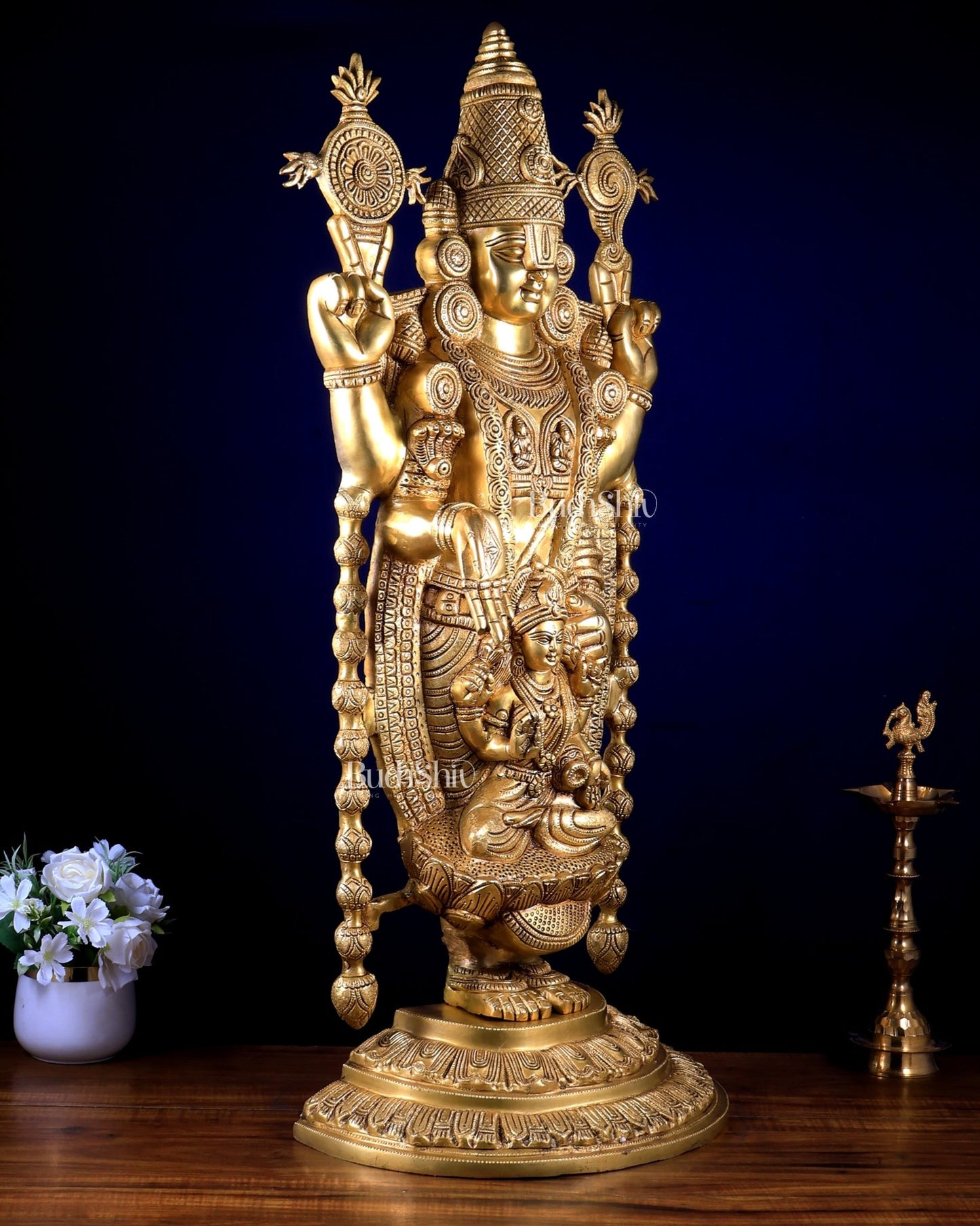 Brass Large Tirupati Balaji Statue with Padmavathi Lakshmi Engraving (34.5 Inches) - Budhshiv.com