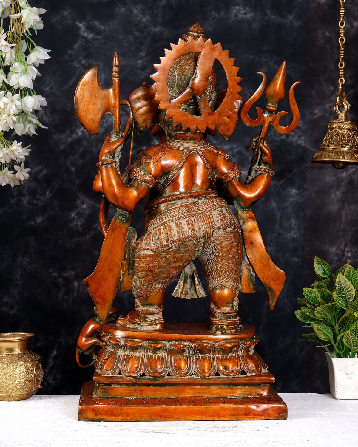 Brass Large Warrior Ganapati Sculpture — Antique Tone 28.5 inch - Budhshiv.com