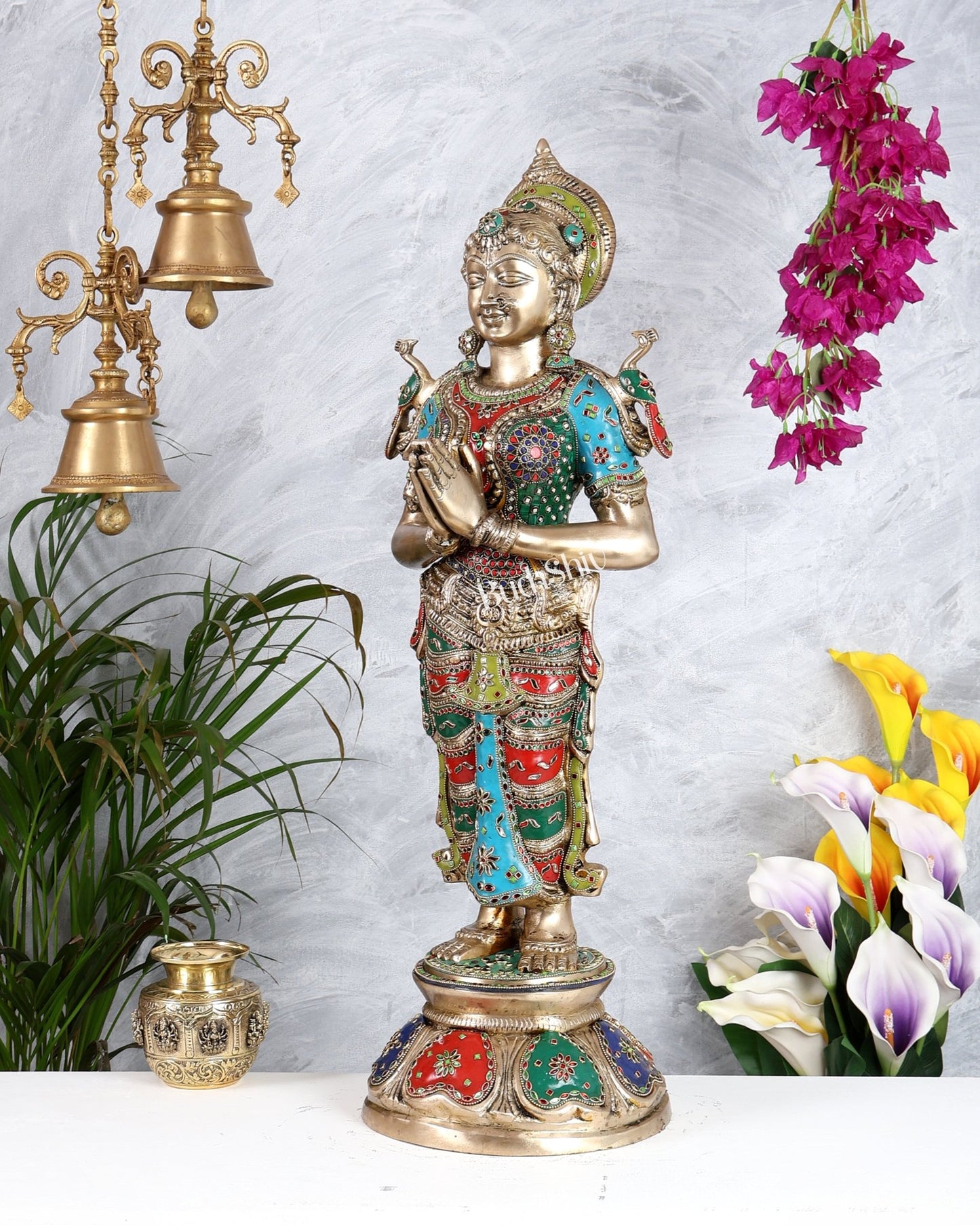 Brass Large Welcome Namaste Lady Statue – 30.5 Inch multicolour - Budhshiv.com