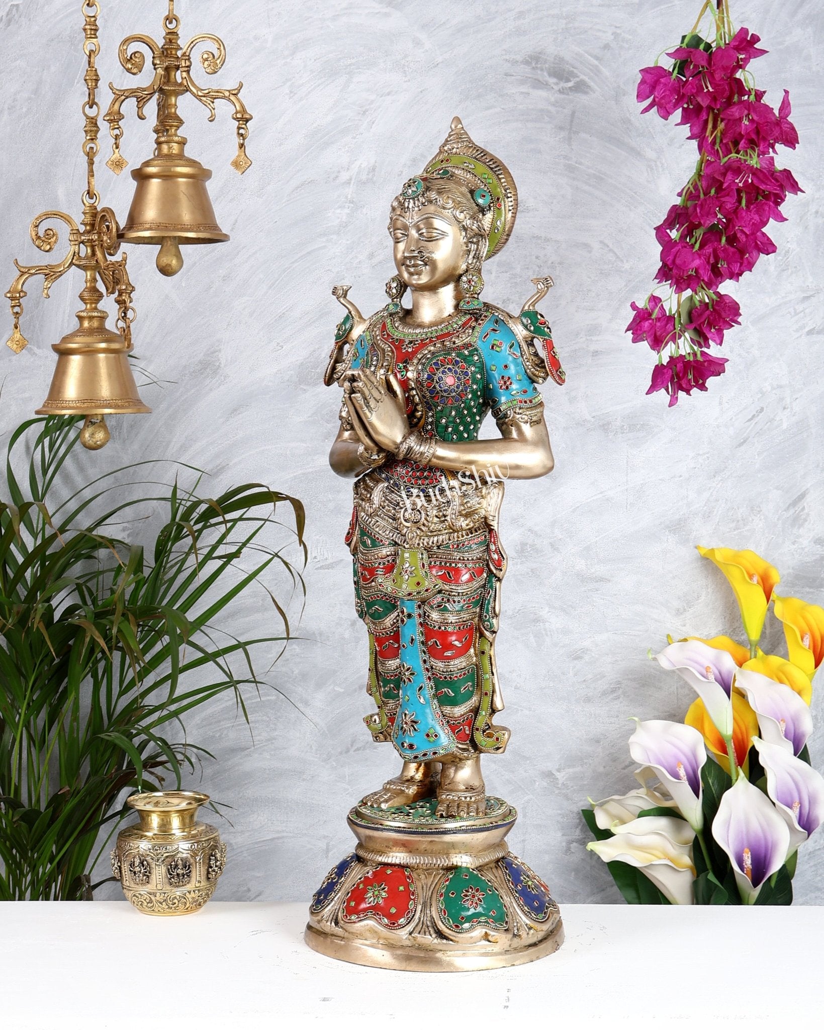 Brass Large Welcome Namaste Lady Statue – 30.5 Inch multicolour - Budhshiv.com