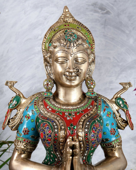 Brass Large Welcome Namaste Lady Statue – 30.5 Inch multicolour - Budhshiv.com