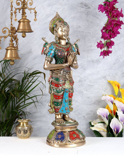 Brass Large Welcome Namaste Lady Statue – 30.5 Inch multicolour - Budhshiv.com