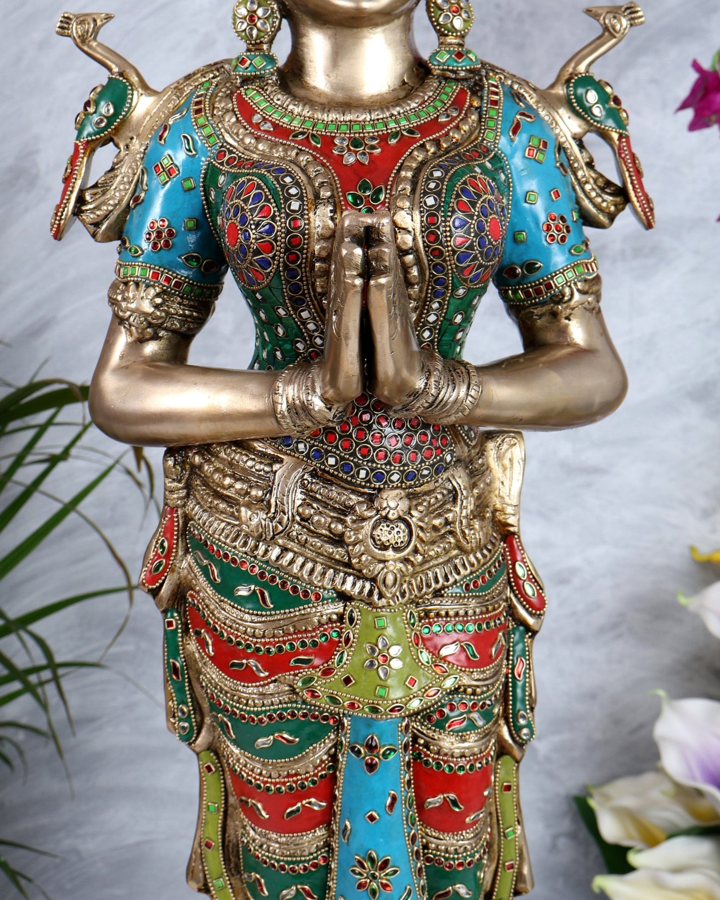 Brass Large Welcome Namaste Lady Statue – 30.5 Inch multicolour - Budhshiv.com