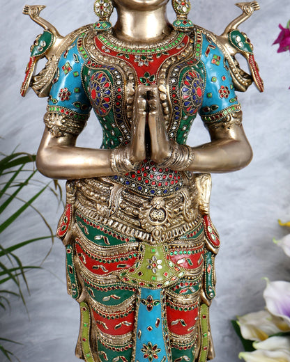 Brass Large Welcome Namaste Lady Statue – 30.5 Inch multicolour - Budhshiv.com