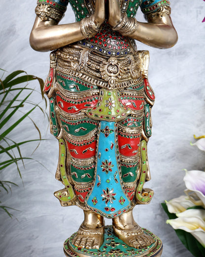 Brass Large Welcome Namaste Lady Statue – 30.5 Inch multicolour - Budhshiv.com