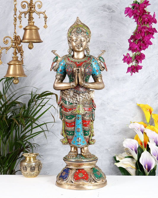 Brass Large Welcome Namaste Lady Statue – 30.5 Inch multicolour - Budhshiv.com