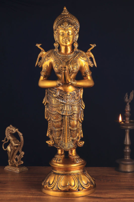 Brass Large Welcome Namaste Lady Statue – 30.5 Inch - Budhshiv.com