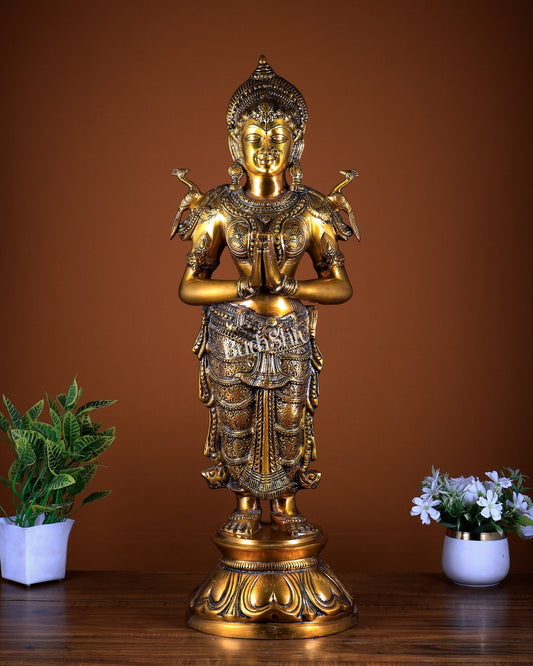 Brass Large Welcome Namaste Lady Statue – 30.5 Inch - Budhshiv.com