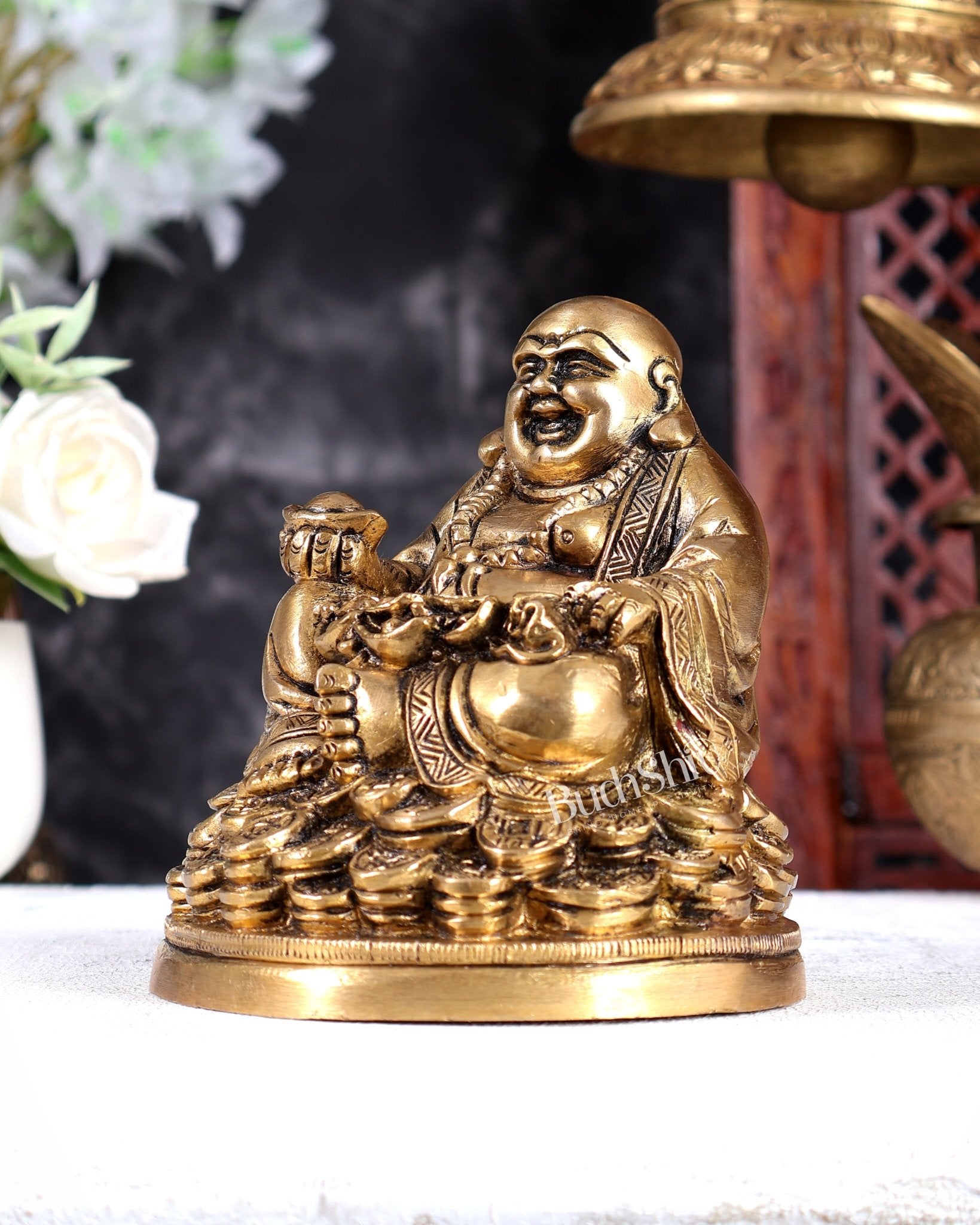 Brass Laughing Buddha Statue – Feng Shui Inspired Prosperity & Wealth Showpiece 5.5 inch - Budhshiv.com