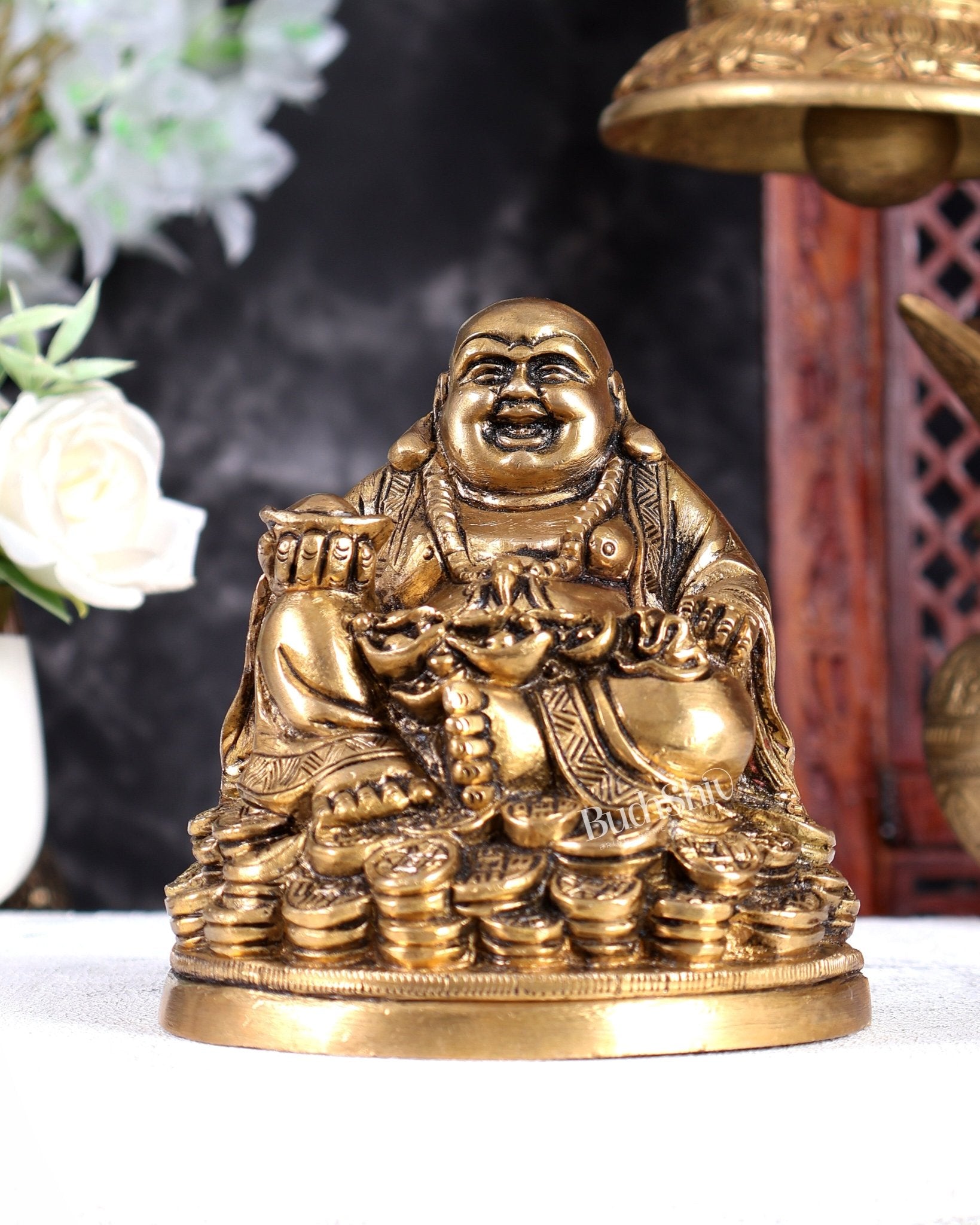 Brass Laughing Buddha Statue – Feng Shui Inspired Prosperity & Wealth Showpiece 5.5 inch - Budhshiv.com