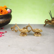 Brass leaf aarti diya with handle pair - Budhshiv.com