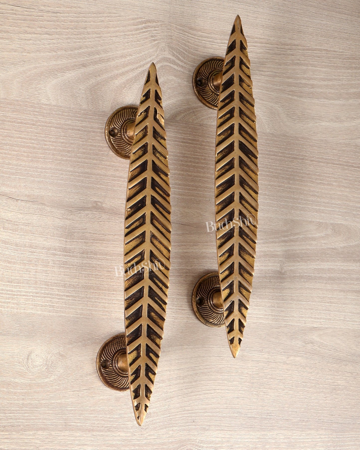 Brass Leaf Design Door Handle Pair – 12 Inch Decorative Entrance Pull Handles (Set of 2) - Budhshiv.com