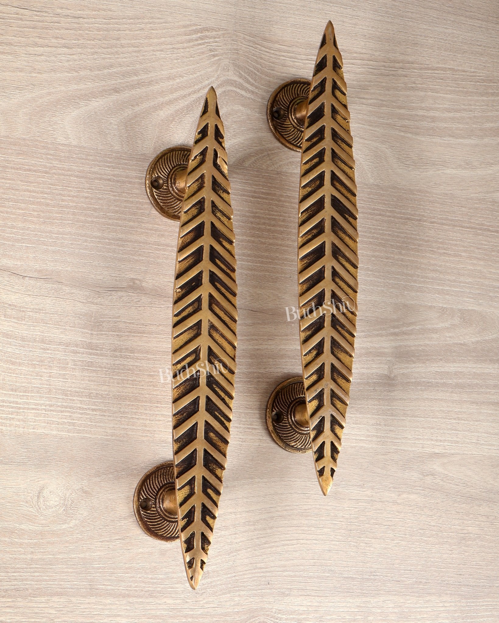 Brass Leaf Design Door Handle Pair – 12 Inch Decorative Entrance Pull Handles (Set of 2) - Budhshiv.com
