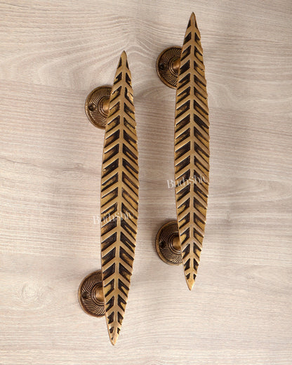 Brass Leaf Design Door Handle Pair – 12 Inch Decorative Entrance Pull Handles (Set of 2) - Budhshiv.com