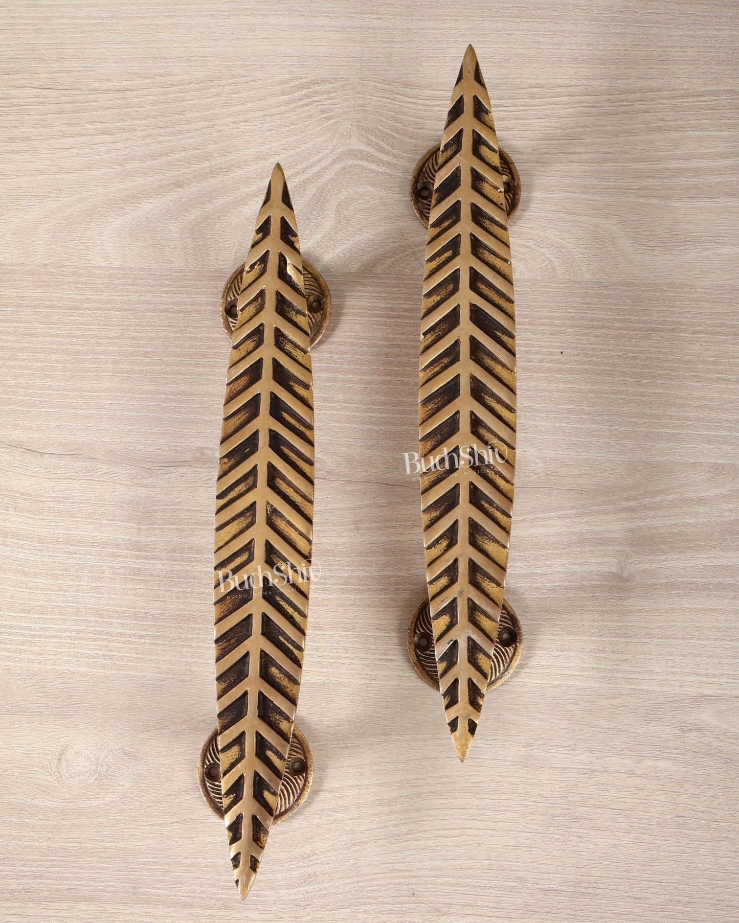 Brass Leaf Design Door Handle Pair – 12 Inch Decorative Entrance Pull Handles (Set of 2) - Budhshiv.com