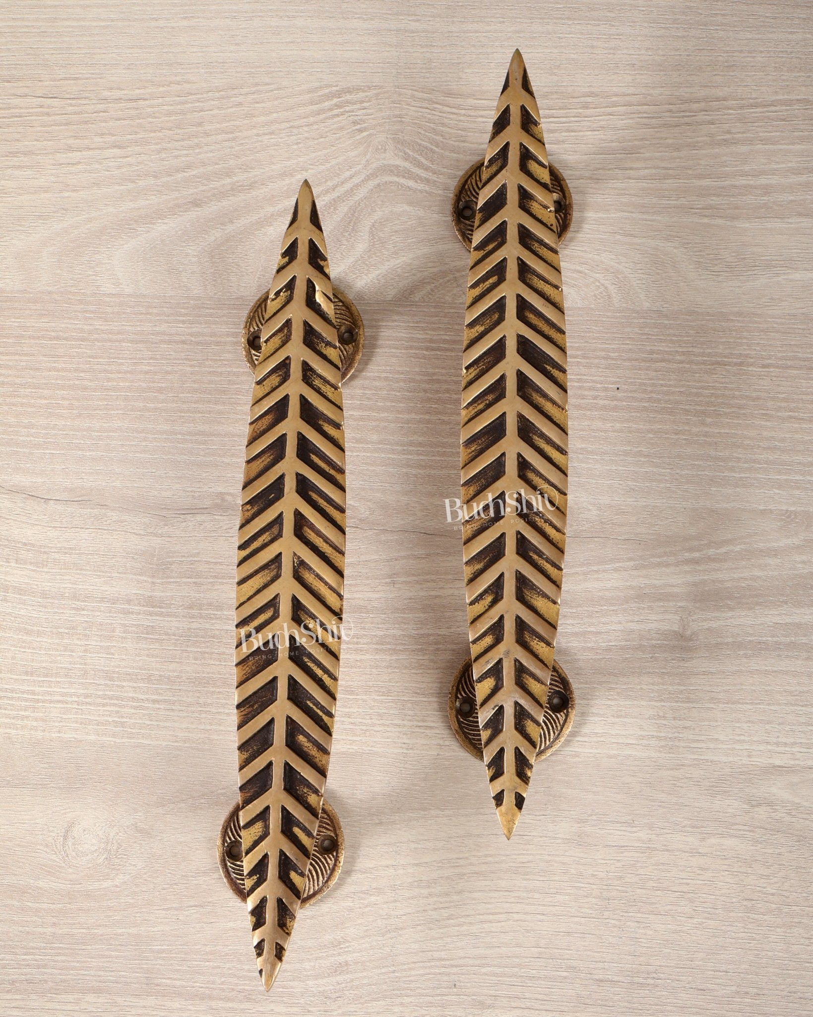 Brass Leaf Design Door Handle Pair – 12 Inch Decorative Entrance Pull Handles (Set of 2) - Budhshiv.com