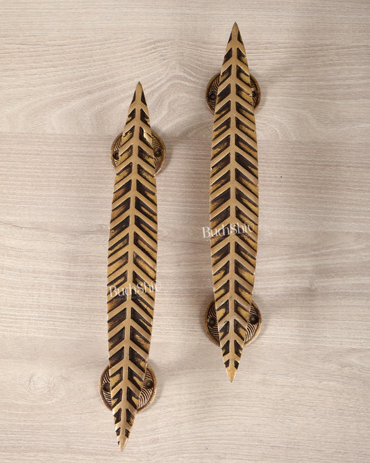 Brass Leaf Design Door Handle Pair – 12 Inch Decorative Entrance Pull Handles (Set of 2) - Budhshiv.com