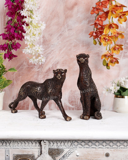 Brass Leopard Pair Sculpture – Unique Finish Handcrafted Decorative Showpiece (14 Inches Width) - Budhshiv.com