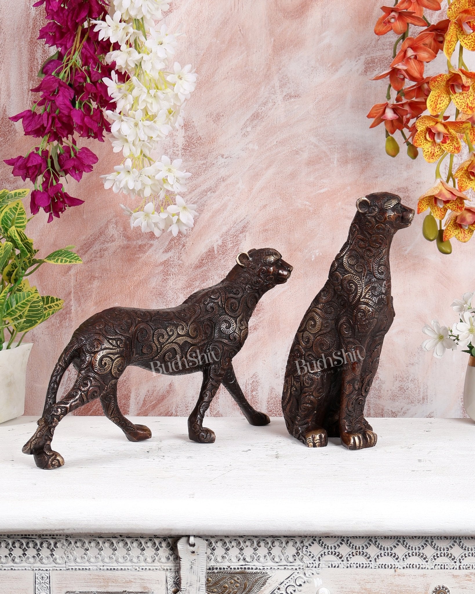Brass Leopard Pair Sculpture – Unique Finish Handcrafted Decorative Showpiece (14 Inches Width) - Budhshiv.com