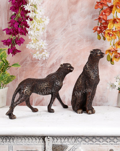 Brass Leopard Pair Sculpture – Unique Finish Handcrafted Decorative Showpiece (14 Inches Width) - Budhshiv.com