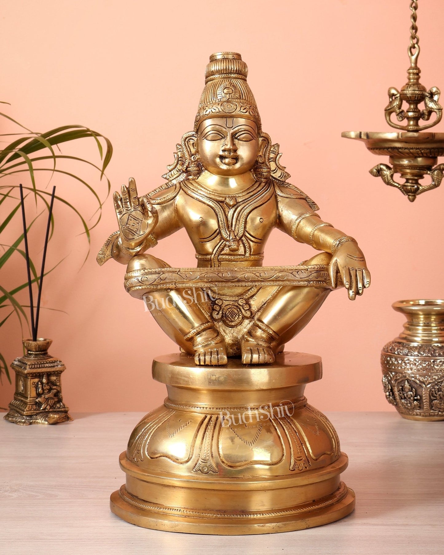 Brass Lord Ayyappa Swamy Ayyappan Statue - 14" Swamiye saravana - Budhshiv.com