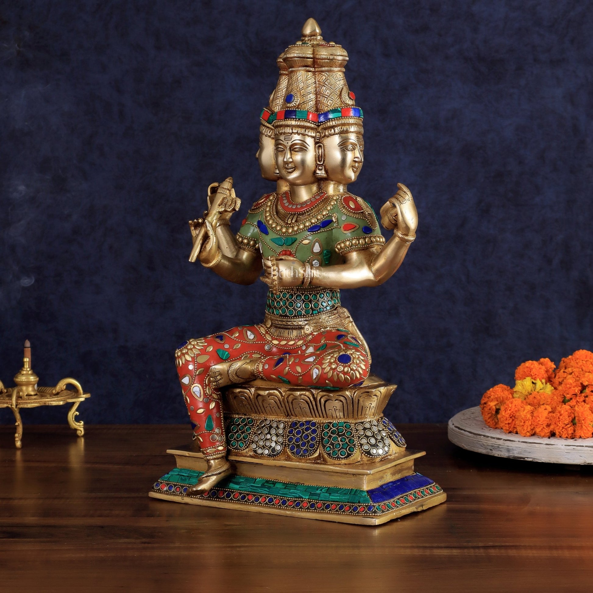 Brass Lord Brahma Sculpture - 16 inch with stonework - Budhshiv.com