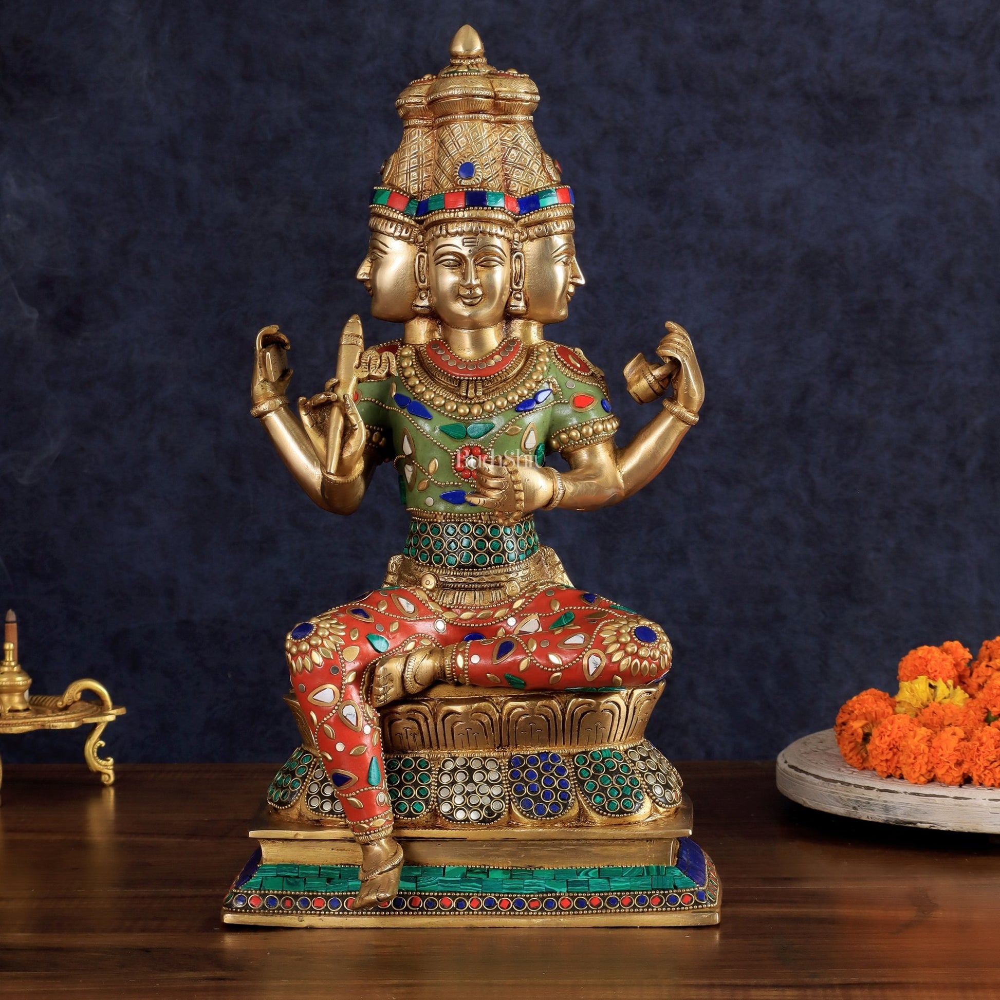 Brass Lord Brahma Sculpture - 16 inch with stonework - Budhshiv.com