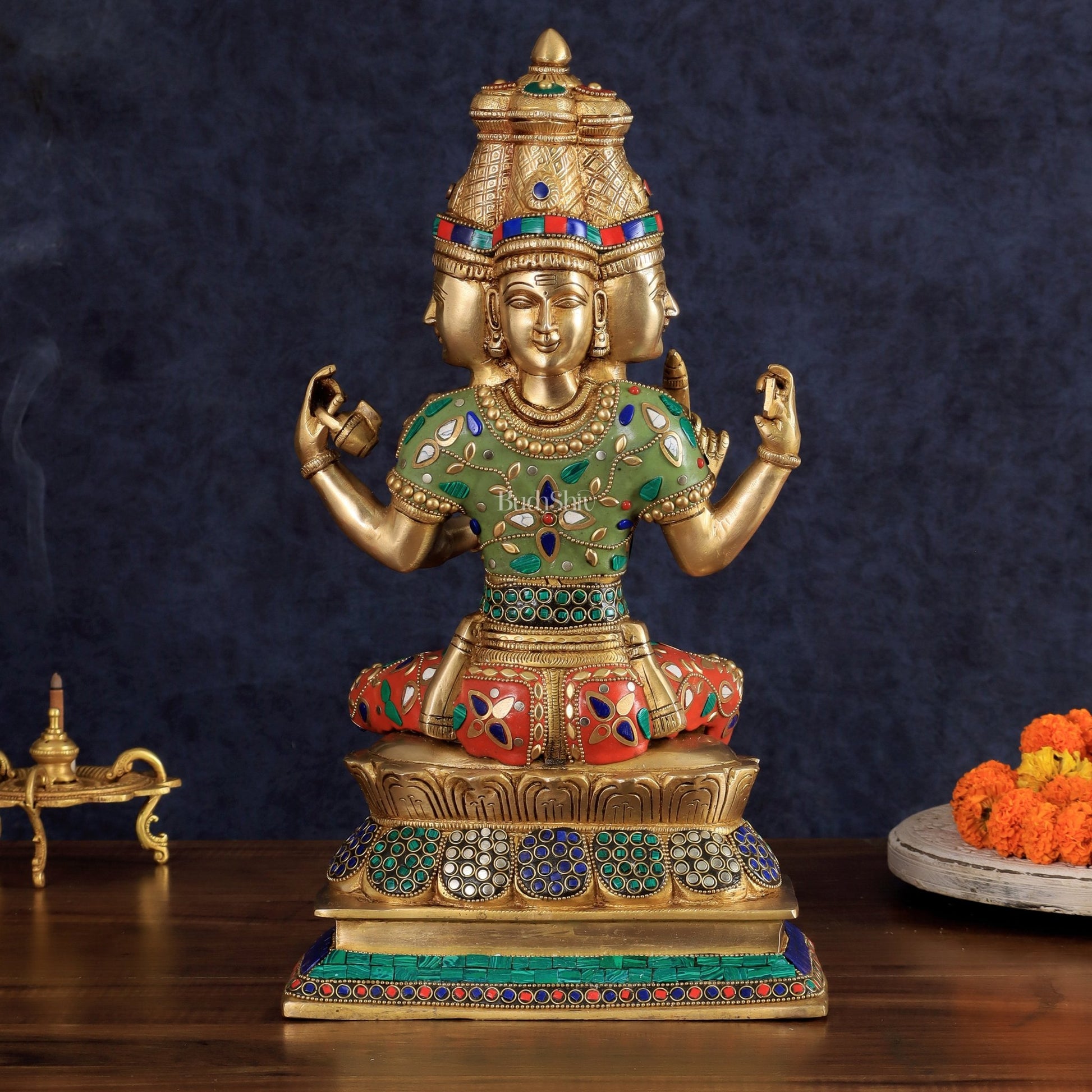 Brass Lord Brahma Sculpture - 16 inch with stonework - Budhshiv.com