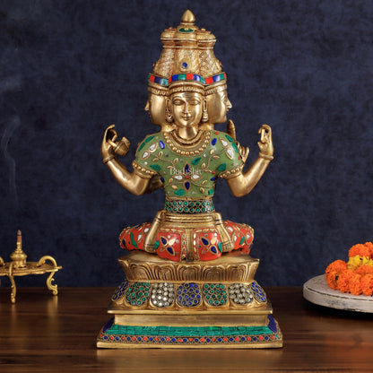 Brass Lord Brahma Sculpture - 16 inch with stonework - Budhshiv.com