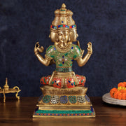 Brass Lord Brahma Sculpture - 16 inch with stonework - Budhshiv.com