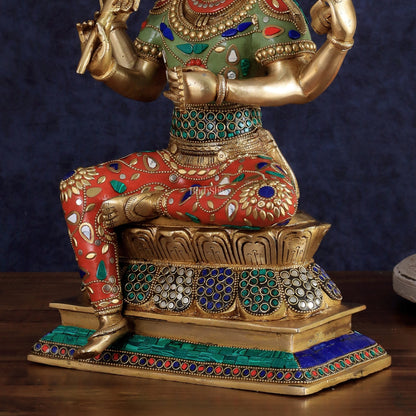 Brass Lord Brahma Sculpture - 16 inch with stonework - Budhshiv.com