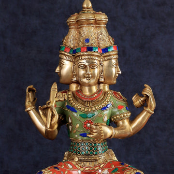 Brass Lord Brahma Sculpture - 16 inch with stonework - Budhshiv.com