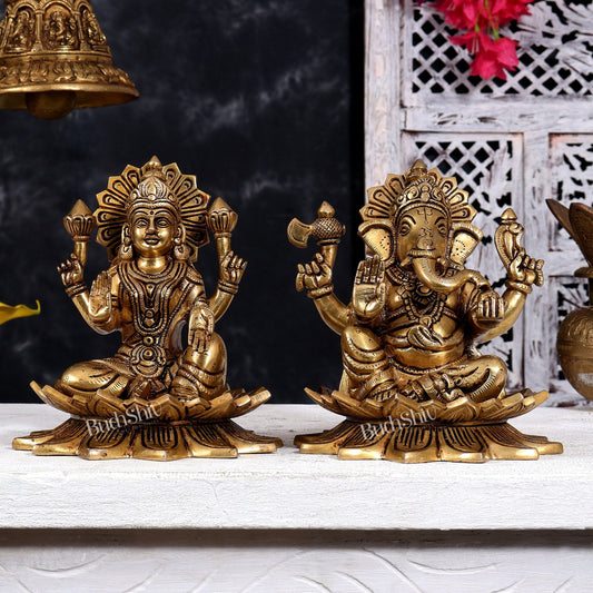 Brass Lord Ganesha and Goddess Lakshmi on Lotus — Pair, Crossed Legs 7 inch - Budhshiv.com