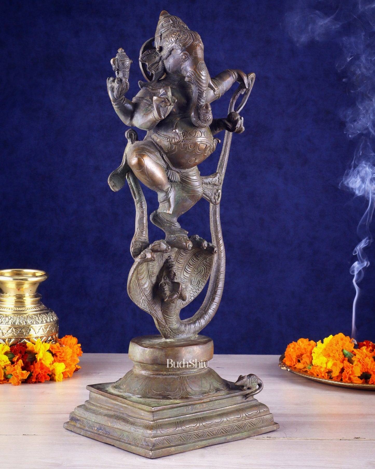 Brass Lord Ganesha dancing on snake 19 " - Budhshiv.com