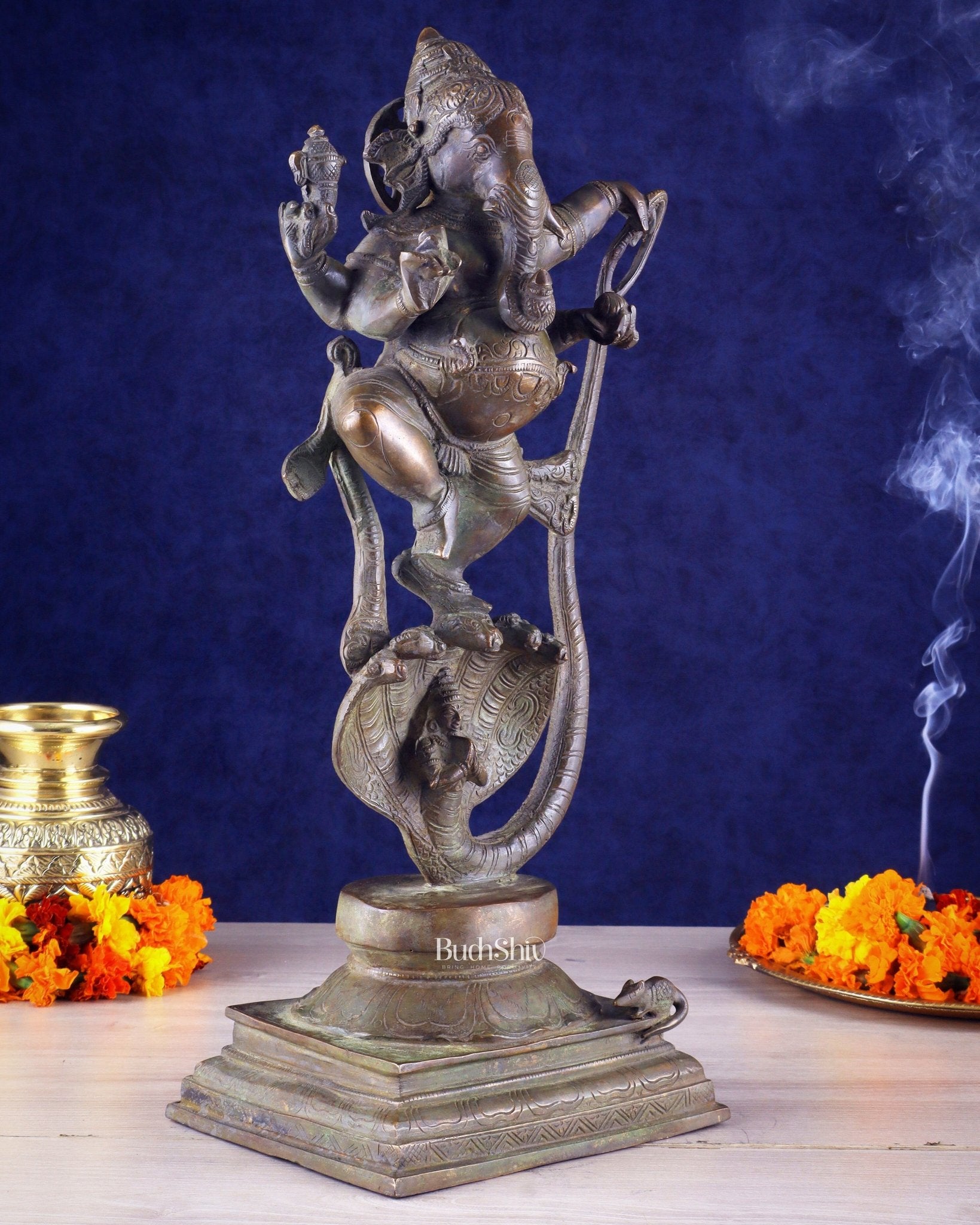 Brass Lord Ganesha dancing on snake 19 " - Budhshiv.com
