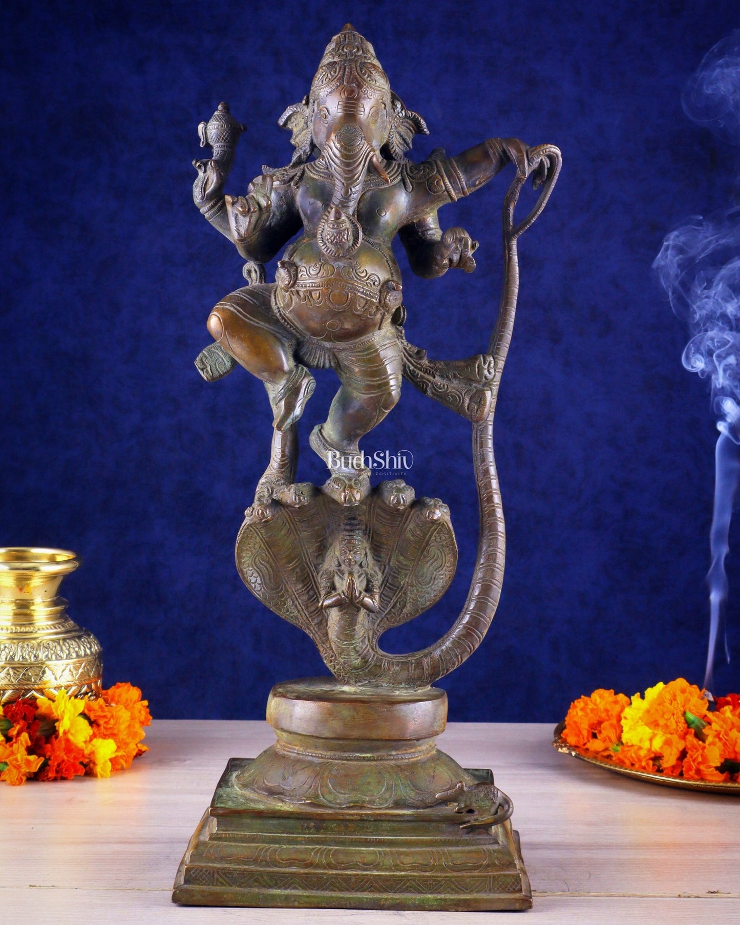 Brass Lord Ganesha dancing on snake 19 " - Budhshiv.com