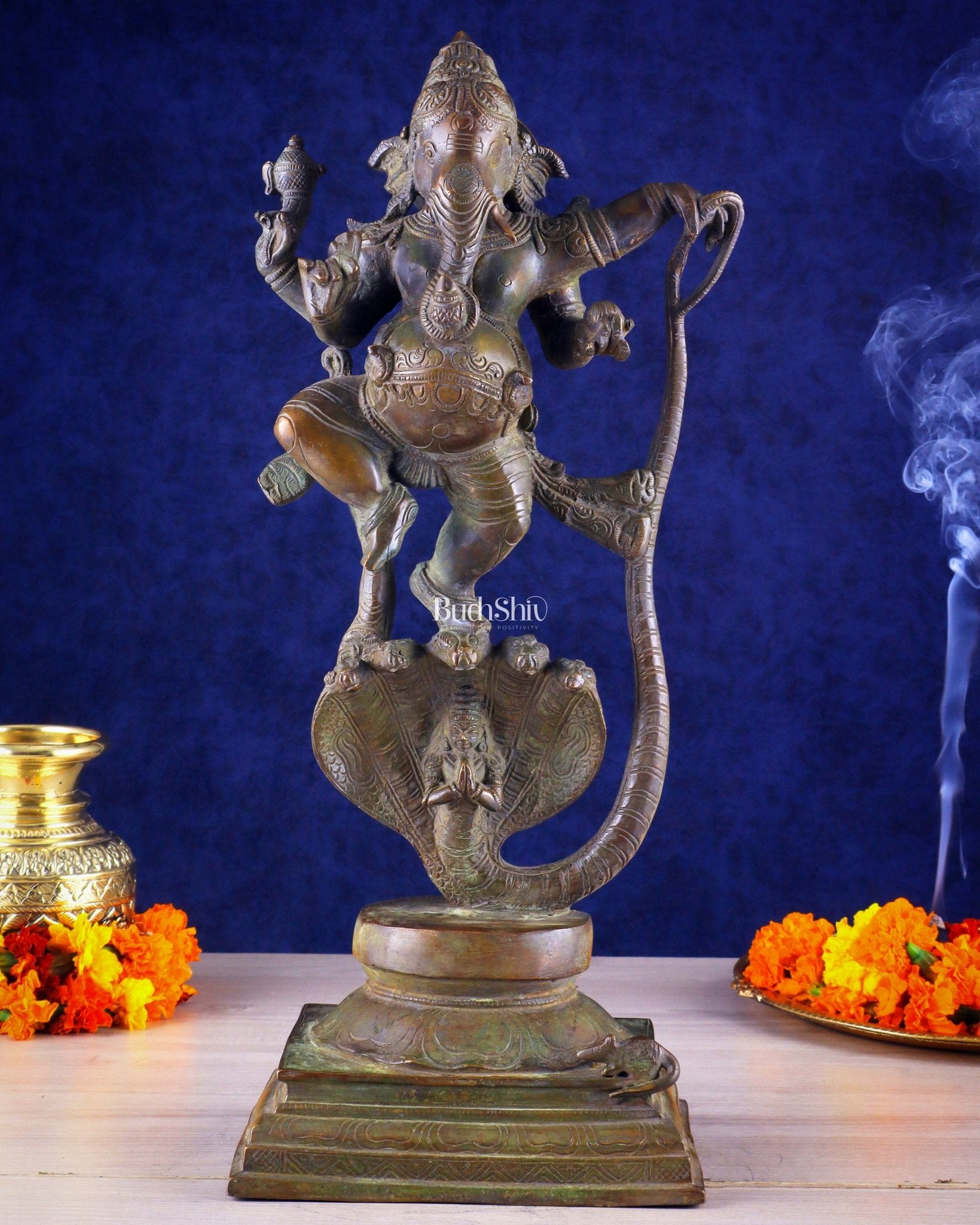 Brass Lord Ganesha dancing on snake 19 " - Budhshiv.com