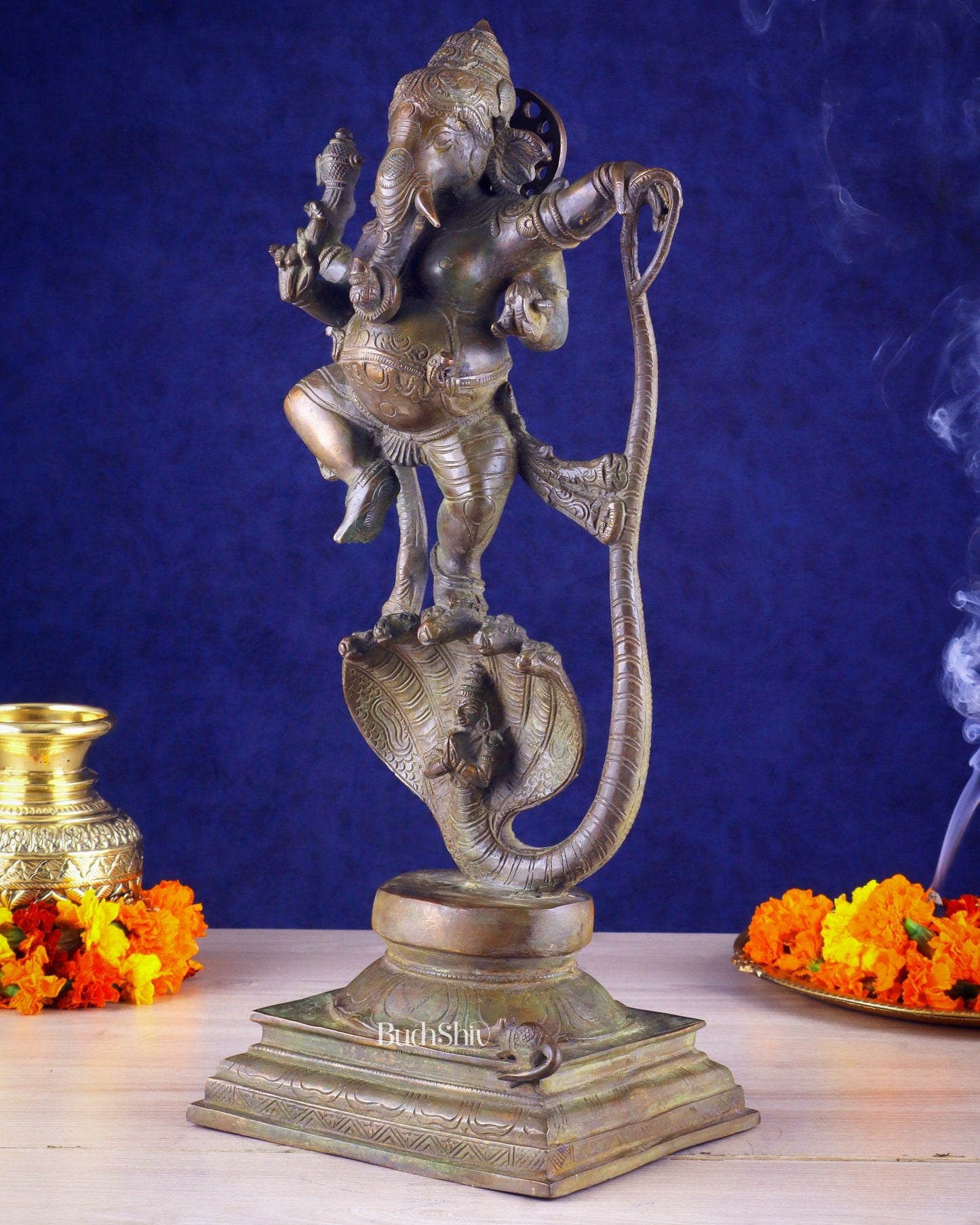 Brass Lord Ganesha dancing on snake 19 " - Budhshiv.com