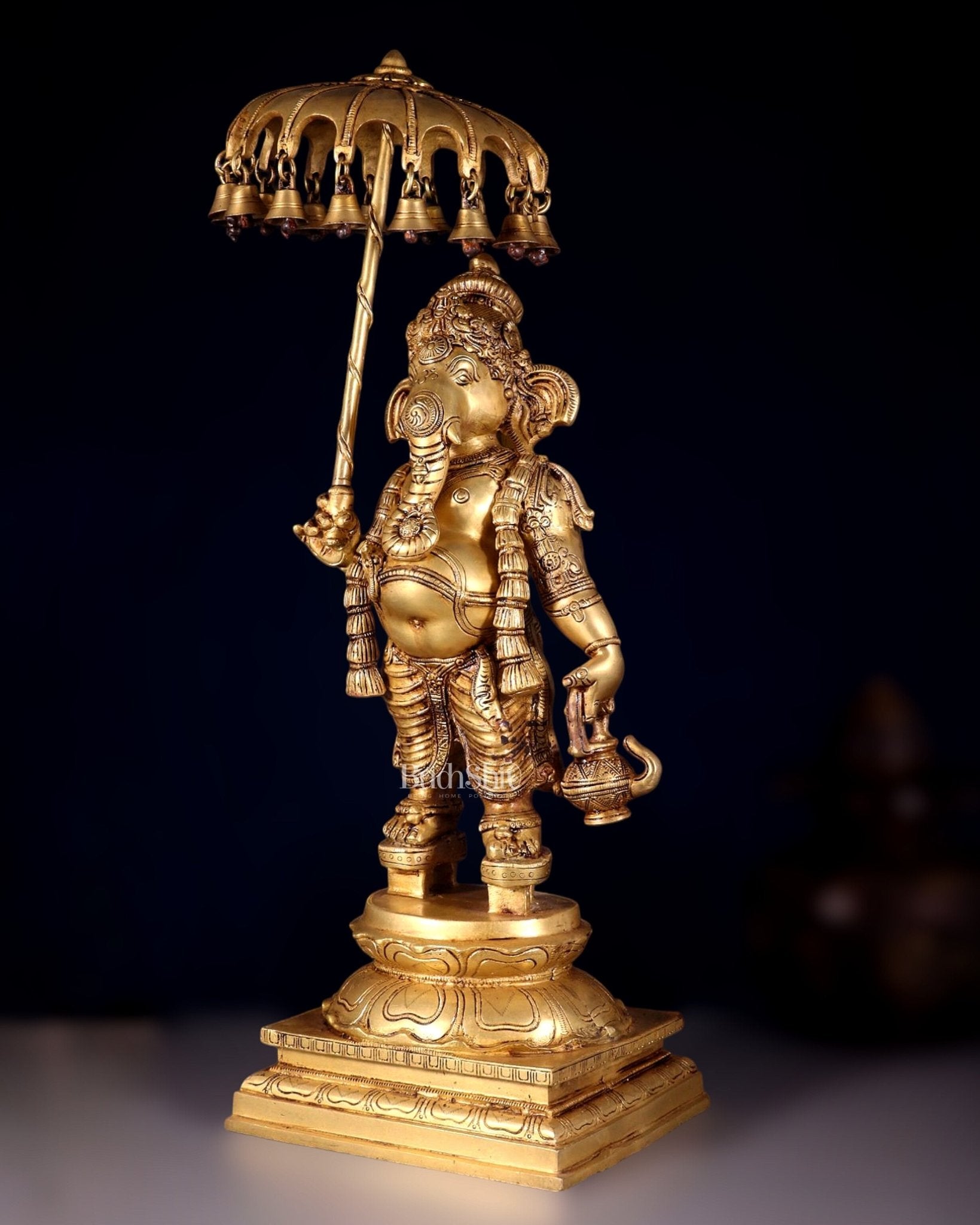 Brass Lord Ganesha Holding an Umbrella and Kamandalu Sculpture 25.5" - Budhshiv.com