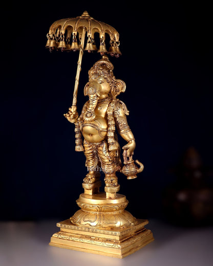 Brass Lord Ganesha Holding an Umbrella and Kamandalu Sculpture 25.5" - Budhshiv.com