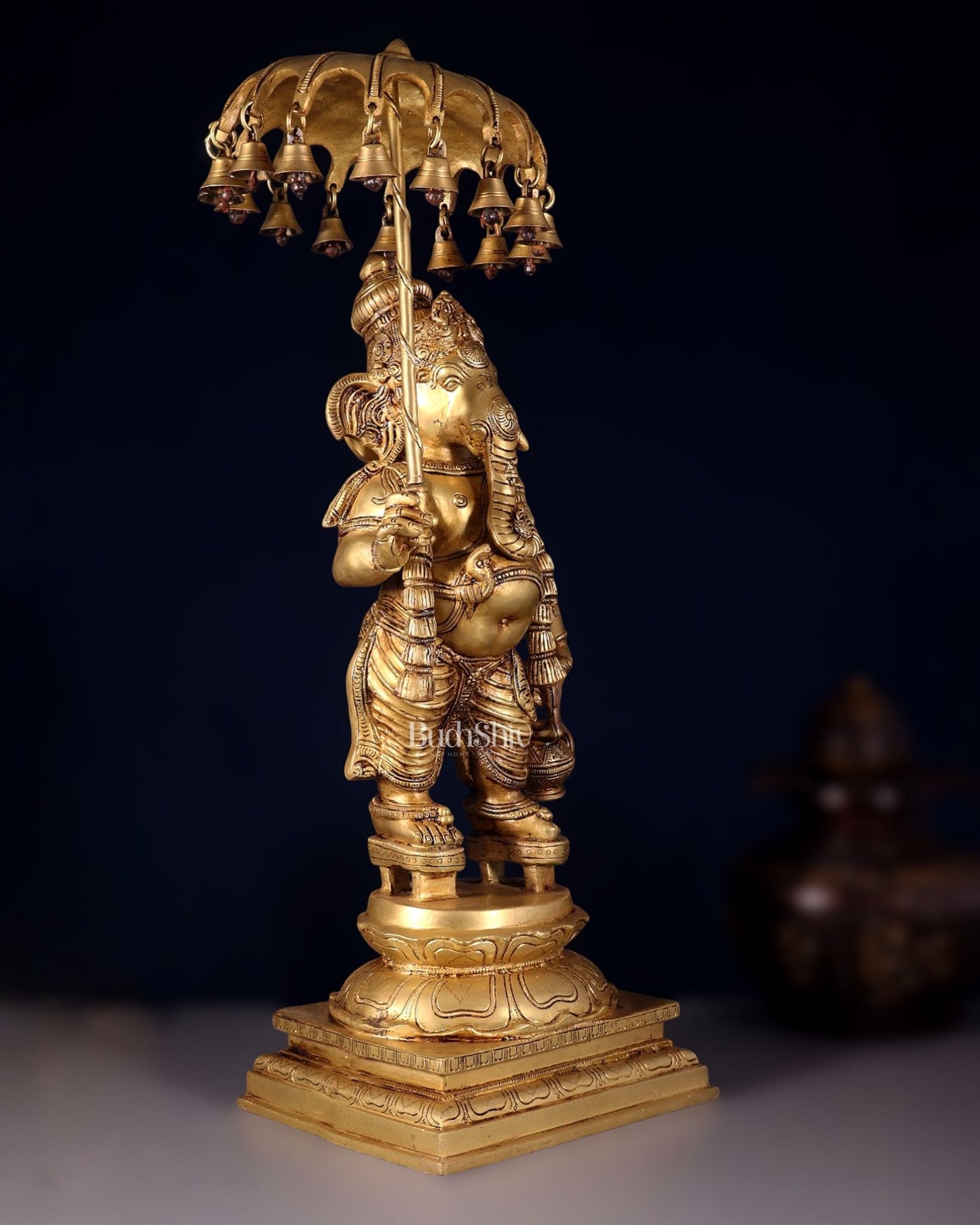 Brass Lord Ganesha Holding an Umbrella and Kamandalu Sculpture 25.5" - Budhshiv.com