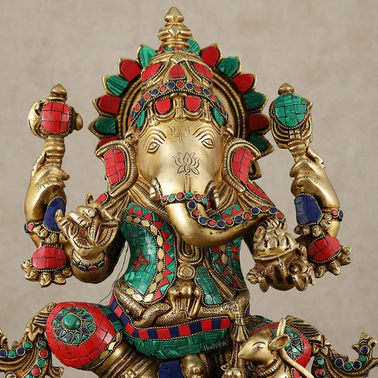 Brass Lord Ganesha Idol - 16 Inch unique stonework - Budhshiv.com