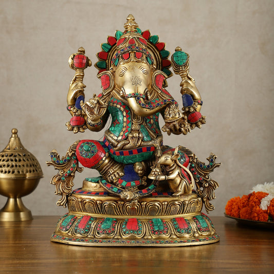 Brass Lord Ganesha Idol - 16 Inch unique stonework - Budhshiv.com