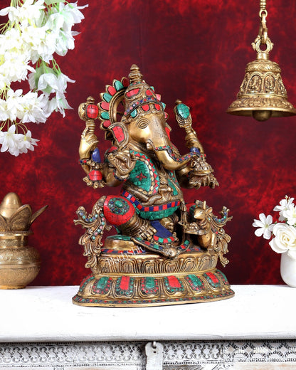 Brass Lord Ganesha Idol - 16 Inch with stonework - Budhshiv.com