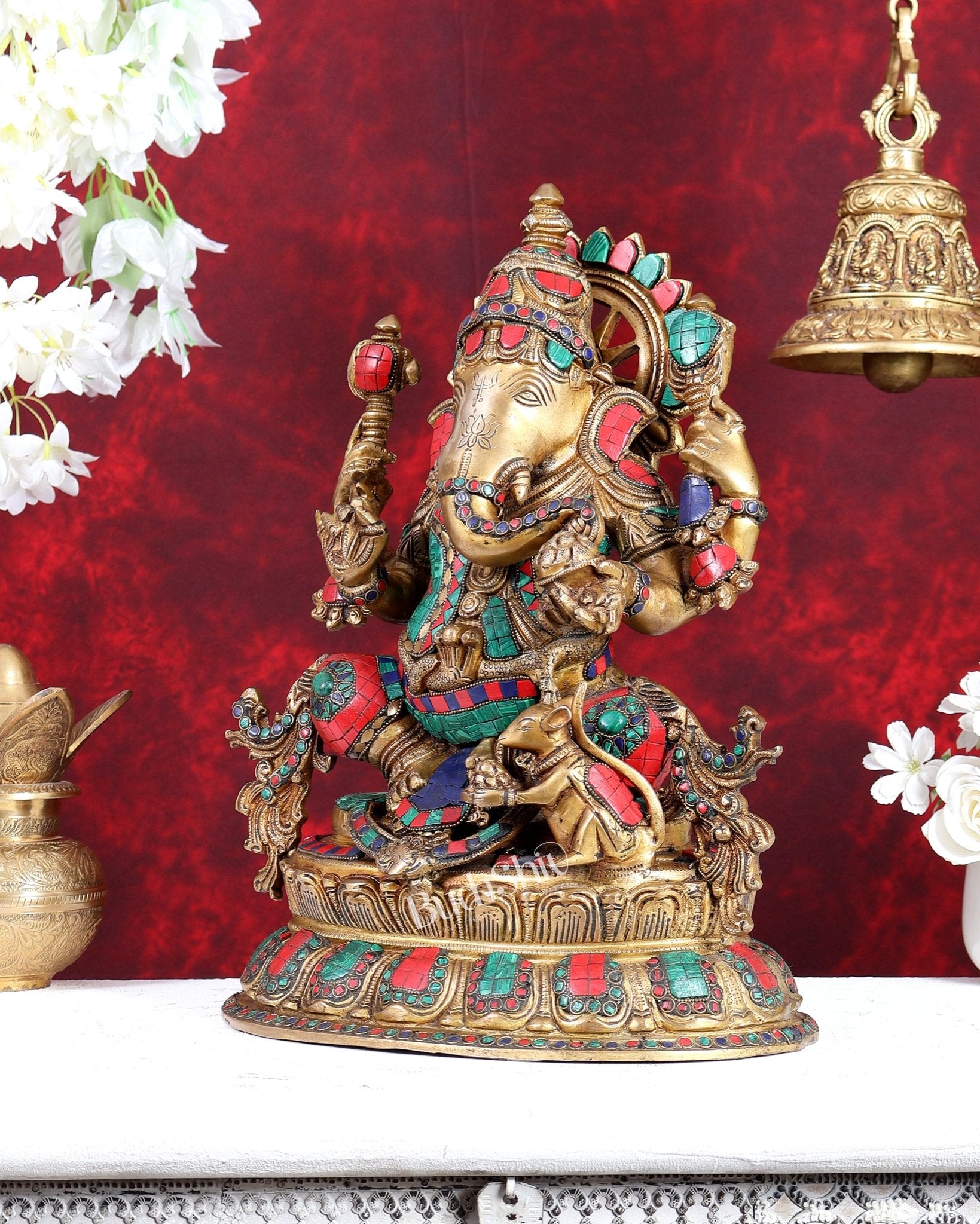 Brass Lord Ganesha Idol - 16 Inch with stonework - Budhshiv.com