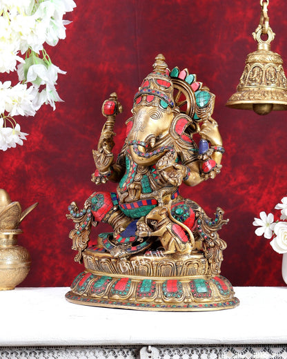 Brass Lord Ganesha Idol - 16 Inch with stonework - Budhshiv.com