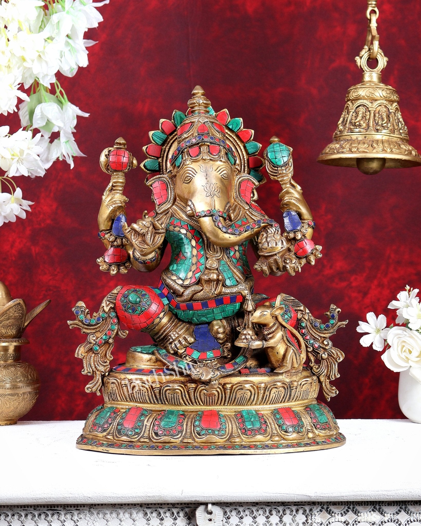 Brass Lord Ganesha Idol - 16 Inch with stonework - Budhshiv.com