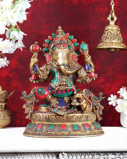 Brass Lord Ganesha Idol - 16 Inch with stonework - Budhshiv.com